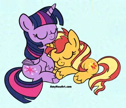 Size: 2398x2050 | Tagged: safe, artist:amynewblue, derpibooru import, sunset shimmer, twilight sparkle, twilight sparkle (alicorn), alicorn, unicorn, g4, cuddling, female, horn, image, lesbian, png, shipping, sleeping, sleepy, sunsetsparkle