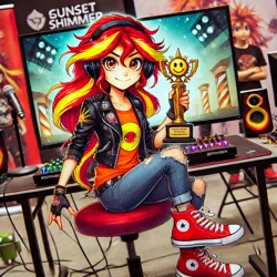 Size: 1024x1024 | Tagged: safe, machine learning generated, sunset shimmer, human, biker jacket, chair, clothes, computer, computer keyboard, computer screen, converse, female, fingerless gloves, gamer sunset, generator:bing image creator, generator:dall-e 3, gloves, headset, image, jeans, jpeg, pants, ripped jeans, shirt, shoes, sneakers, solo, solo female, speakers, table, trophy, video game