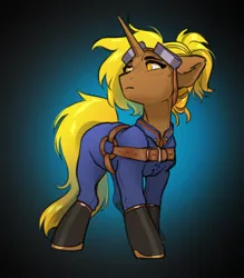 Size: 3000x3421 | Tagged: oc name needed, safe, artist:opalacorn, derpibooru import, oc, unofficial characters only, pony, unicorn, boots, clothes, female, goggles, goggles on head, gradient background, harness, horn, image, jpeg, jumpsuit, looking up, mare, no pupils, shoes, solo, tack