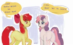 Size: 2247x1385 | Tagged: safe, artist:ametff3, derpibooru import, apple bloom, sweetie belle, earth pony, pony, unicorn, g4, abstract background, apple bloom's bow, blank flank, bow, censored, censored vulgarity, date (time), dialogue, donald trump, duo, eyebrows, eyebrows visible through hair, female, filly, foal, hair bow, horn, image, jpeg, politics, ronald reagan, shipping denied, signature, speech bubble, standing, talking