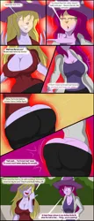 Size: 3748x8797 | Tagged: suggestive, artist:tfsubmissions, derpibooru import, fuchsia blush, lavender lace, human, comic:the mane attraction, equestria girls, g4, absurd resolution, argument, breast expansion, breasts, butt, butt expansion, cleavage, clothes, comic, dialogue, duo, female, grin, growth, hat, image, jpeg, looking at each other, looking at someone, magic, smiling, speech bubble, transformation, trixie's hat