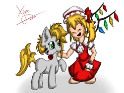 Size: 800x600 | Tagged: safe, artist:xeno1805, derpibooru import, oc, oc:xeno pony, pony, undead, vampire, crossover, duo, female, flandre scarlet, flower, humanoid, image, male, petting, png, rose, simple background, stallion, touhou, white background