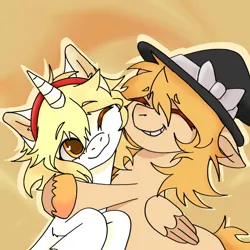 Size: 1000x1000 | Tagged: safe, artist:barsik099, derpibooru import, ponified, pegasus, pony, unicorn, alice margatroid, cute, duo, female, hat, horn, hug, image, jpeg, kirisame marisa, mare, touhou, witch, witch hat