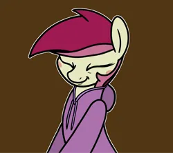 Size: 2048x1815 | Tagged: safe, artist:ewoudcponies, derpibooru import, roseluck, pony, unicorn, g4, blush sticker, blushing, brown background, bust, clothes, eyes closed, female, hoodie, horn, image, mare, outline, png, simple background, smiling, solo, white outline