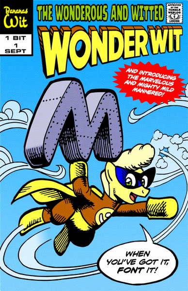 Size: 550x850 | Tagged: safe, artist:mod wit, derpibooru import, oc, oc:bananas wit, askbananaswit, boots, cape, carrying, clothes, cloud, comic book, comic book cover, comic cover, cover, cover art, flying, font, gloves, heavy, hero, hoof hold, image, looking at you, m, mask, png, seal of approval, shoes, sky, speech bubble, steel, super strength, superhero, superhero costume