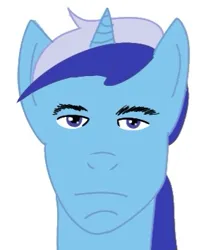 Size: 305x355 | Tagged: safe, artist:anonymous, derpibooru import, minuette, unicorn, g4, horn, human facial structure, image, jpeg, mare stare, simple background, solo, stare, white background