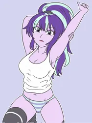 Size: 1540x2048 | Tagged: safe, artist:sumin6301, derpibooru import, starlight glimmer, human, equestria girls, g4, belly, belly button, breasts, busty starlight glimmer, cleavage, female, image, jpeg, outline, purple background, simple background, solo, stretching, white outline