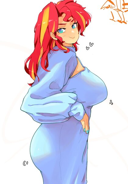 Size: 1400x2000 | Tagged: safe, artist:sozglitch, derpibooru import, sunset shimmer, human, g4, ass, big breasts, boob window, breasts, bunset shimmer, busty sunset shimmer, butt, clothes, dress, female, floating heart, heart, huge breasts, humanized, image, jpeg, large butt, looking at you, nail polish, profile, simple background, smiling, smiling at you, solo, white background