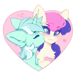 Size: 977x962 | Tagged: safe, artist:shooshaa, derpibooru import, bon bon, lyra heartstrings, sweetie drops, earth pony, pony, unicorn, g4, adorabon, blushing, chest fluff, cute, duo, duo female, female, floating heart, heart, heart eyes, horn, image, kiss on the cheek, kissing, lesbian, lyrabetes, lyrabon, mare, png, shipping, wingding eyes