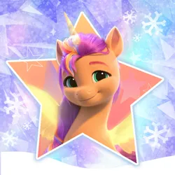 Size: 1000x1000 | Tagged: safe, derpibooru import, official, sunny starscout, alicorn, pony, g5, my little pony: a new generation, my little pony: make your mark, female, image, jpeg, looking at you, mare, profile picture, race swap, smiling, snow, snowflake, solo, stars, sunnycorn, weibo, winter