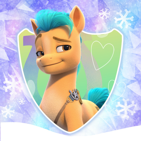 Size: 1000x1000 | Tagged: safe, derpibooru import, official, hitch trailblazer, earth pony, pony, g5, my little pony: make your mark, blaze (coat marking), coat markings, facial markings, image, jpeg, male, profile picture, shield, smiling, snow, snowflake, solo, stallion, weibo, winter