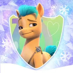 Size: 1000x1000 | Tagged: safe, derpibooru import, official, hitch trailblazer, earth pony, pony, g5, my little pony: make your mark, blaze (coat marking), coat markings, facial markings, image, jpeg, male, profile picture, shield, smiling, snow, snowflake, solo, stallion, weibo, winter