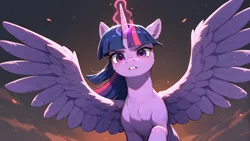 Size: 2560x1440 | Tagged: safe, ai content, artist:truekry, derpibooru import, generator:tponynai3, prompter:truekry, twilight sparkle, twilight sparkle (alicorn), alicorn, pony, g4, ai composition, crying, determined, determined look, female, glow, glowing horn, horn, image, looking at you, low angle, mare, outdoors, png, red sky, solo, spread wings, wings