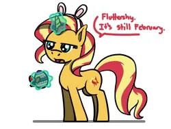 Size: 1800x1350 | Tagged: safe, artist:flutterluv, derpibooru import, sunset shimmer, pony, unicorn, g4, bunny ears, easter, easter egg, egg, holiday, horn, image, jpeg, magic, magic aura, simple background, solo, speech bubble, sunset shimmer is not amused, telekinesis, unamused, white background