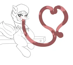 Size: 5000x4500 | Tagged: suggestive, artist:tonguetiedpony, derpibooru import, oc, oc:zahra, unofficial characters only, earth pony, pony, blushing, clothes, female, heart shaped, image, impossibly long tongue, large tongue, ledge, long tongue, looking at you, mare, outline, png, prehensile tongue, scarf, sitting, solo, tongue out, tongue play, wip