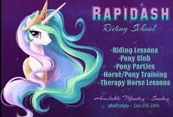 Size: 900x607 | Tagged: safe, artist:rapidash riding school, derpibooru import, princess celestia, alicorn, galarian rapidash, pony, rapidash, g4, billboard, female, image, jpeg, mare, pokémon, text