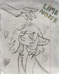 Size: 1942x2436 | Tagged: safe, artist:yellow-glaze, derpibooru import, oc, oc:lime noise, human, pony, behaving like a cat, cheek fluff, chest fluff, cute, ear fluff, eyes closed, female, floppy ears, fluffy, graph paper, hand, head pat, heart, image, jpeg, offscreen character, offscreen human, pat, pet, sitting, smiling, solo, traditional art