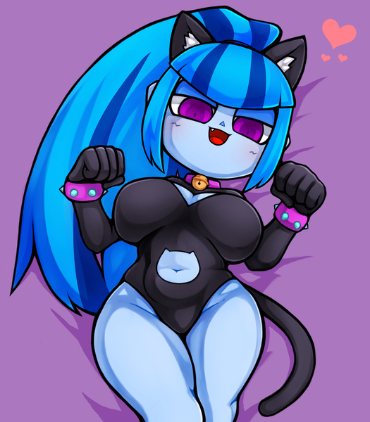 Size: 1157x1323 | Tagged: suggestive, artist:kyouman1010, derpibooru import, sonata dusk, cat, equestria girls, g4, animal costume, bed, bell, bell choker, bell collar, big breasts, blue hair, blue skin, blushing, bracelet, breasts, busty sonata dusk, cat costume, cat ears, catgirl, choker, clothes, collar, costume, female, image, jewelry, jpeg, laying on bed, looking at you, lying down, on back, on bed, purple eyes, solo, solo female