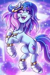 Size: 2000x3000 | Tagged: safe, artist:shad0w-galaxy, derpibooru import, cyborg, cyborg pony, earth pony, pony, g5, my little pony: tell your tale, leak, boots, cheek fluff, chest fluff, clothes, concave belly, ear fluff, ear piercing, earring, fangs, female, freckles, future, gold, headband, heart, high res, image, jewelry, leg warmers, looking at you, mare, music notes, necklace, odessa evensong, open mouth, piercing, png, shoes, slender, smiling, solo, tail, tail band, the petal gala, thin, uvula