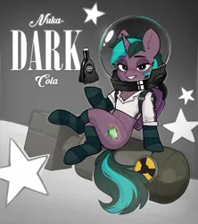 Size: 2051x2308 | Tagged: safe, alternate version, artist:rexyseven, derpibooru import, oc, unofficial characters only, semi-anthro, unicorn, advertisement, alternate character, atomic bomb, blushing, bottomless, bubble helmet, clothes, commission, fallout, fallout 4, female, horn, image, nuclear weapon, nuka cola, partial nudity, png, socks, solo, striped socks, weapon, ych result