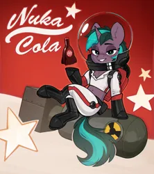 Size: 2051x2308 | Tagged: safe, alternate version, artist:rexyseven, derpibooru import, oc, unofficial characters only, semi-anthro, unicorn, advertisement, alternate character, atomic bomb, bubble helmet, commission, fallout, fallout 4, female, horn, image, nuclear weapon, nuka cola, png, solo, weapon, ych result