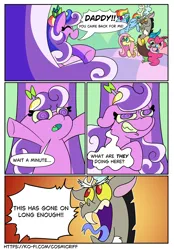 Size: 1640x2360 | Tagged: safe, artist:c0smicriff, derpibooru import, discord, fluttershy, pinkie pie, rainbow dash, screwball, draconequus, earth pony, pegasus, pony, comic:a screwy reunion, g4, comic, female, image, male, mare, png, throne