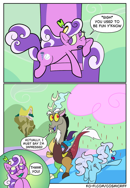 Size: 1640x2360 | Tagged: safe, artist:c0smicriff, derpibooru import, discord, screw loose, screwball, draconequus, earth pony, pony, comic:a screwy reunion, g4, chocolate, chocolate rain, comic, female, food, image, male, mare, png, rain, throne