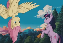 Size: 2048x1392 | Tagged: safe, ai content, anonymous prompter, machine learning generated, stable diffusion, fluttershy, twilight sparkle, alicorn, pegasus, pony, unicorn, anime style, cloud, cutie mark, day, duo, hooves, horn, image, jpeg, looking at each other, outdoors, rearing, side view, sky, tree, upside down, wings