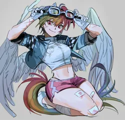 Size: 2048x1978 | Tagged: safe, artist:memoji_0708, derpibooru import, rainbow dash, human, g4, bandage, bandaid, belly, belly button, clothes, eared humanization, eyebrows, eyebrows visible through hair, female, gloves, goggles, humanized, image, jacket, jpeg, looking at you, midriff, scratches, short hair, shorts, simple background, smiling, solo, tail, tailed humanization, tomboy, winged humanization, wings