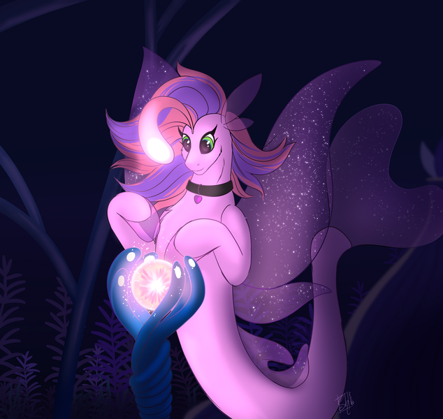 Size: 1280x1211 | Tagged: safe, artist:shamy-crist, derpibooru import, oc, oc:lilac, unofficial characters only, seapony (g4), bioluminescent, bubble, commission, coral, dorsal fin, female, fin, fin ears, fin wings, fins, fish tail, flowing mane, flowing tail, glow, image, ocean, png, queen novo's orb, reef, scales, seaquestria, seaweed, smiling, solo, swimming, tail, throne room, underwater, water, wings