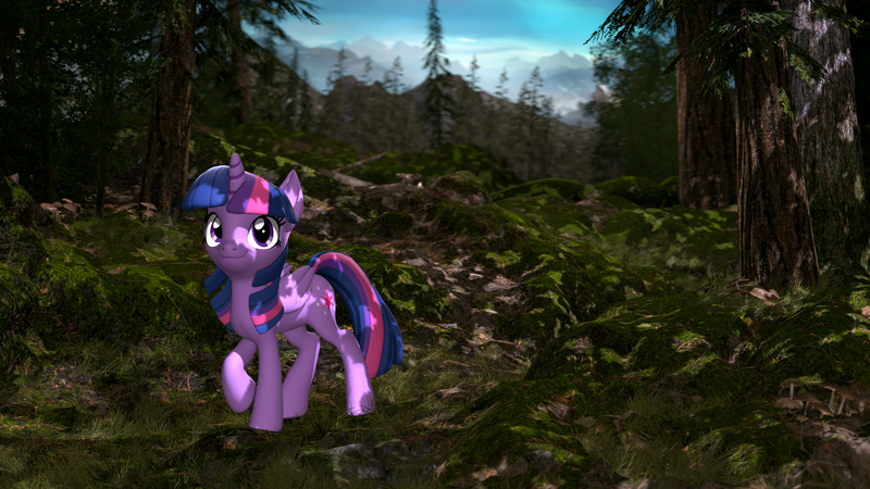 Size: 3840x2160 | Tagged: safe, artist:owlpirate, derpibooru import, twilight sparkle, twilight sparkle (alicorn), alicorn, pony, g4, 3d, 4k, female, forest, high res, image, mare, nature, outdoors, png, smiling, solo, source filmmaker, tree