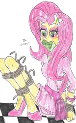 Size: 1280x2069 | Tagged: safe, artist:godzilla713, derpibooru import, fluttershy, human, equestria girls, g4, bondage, female, gag, hands behind back, image, jpeg, rope, rope bondage, ropes, sitting, solo, tied up