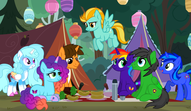 Size: 4000x2333 | Tagged: safe, artist:star-armour95, derpibooru import, lightning dust, oc, oc:beauty spirit, oc:ej, oc:jemima sparkle, oc:rainbow flower, oc:star armour, alicorn, pegasus, unicorn, g4, g5, camping, female, g5 to g4, generation leap, horn, image, male, misty brightdawn, nature, outdoors, png