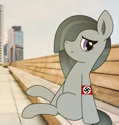 Size: 1942x2041 | Tagged: safe, artist:nhm, ponerpics import, marble pie, pony, bench, female, image, irl, mare, nazi, photo, png, simple background, smug, solo, transparent background