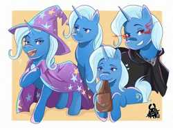 Size: 2934x2190 | Tagged: safe, artist:inkrred, derpibooru import, trixie, pony, unicorn, g4, magic duel, to where and back again, alicorn amulet, bag, eye mist, female, grin, high res, horn, image, jpeg, lidded eyes, mare, mouth hold, my little pony, open mouth, open smile, passepartout, saddle bag, smiling, solo, to saddlebags and back again