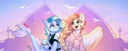 Size: 1920x768 | Tagged: safe, artist:amishy, derpibooru import, oc, oc:aurora (aurorafest), oc:lumi (aurorafest), unofficial characters only, bird, merpony, pegasus, pony, aurorafest, duo, duo female, ear fins, fangs, female, image, jpeg, lidded eyes, mare, open mouth, open smile, outdoors, partially open wings, smiling, wings