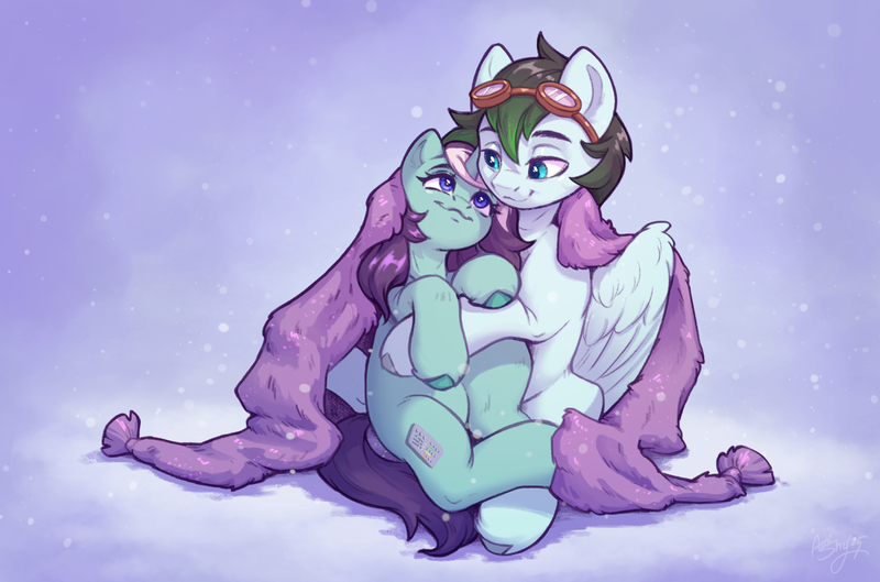 Size: 4095x2709 | Tagged: safe, artist:amishy, derpibooru import, oc, oc:gryph xander, oc:parallel pop, unofficial characters only, pegasus, pony, unicorn, blanket, cuddling, female, goggles, goggles on head, horn, hug, image, jpeg, looking at each other, looking at someone, male, mare, oc x oc, shipping, smiling, smiling at each other, stallion, straight