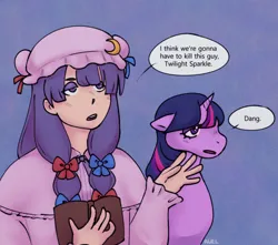 Size: 1013x896 | Tagged: safe, artist:auelnight, derpibooru import, twilight sparkle, human, unicorn, g4, book, crossover, horn, i think we're gonna have to kill this guy, image, jpeg, meme, patchouli knowledge, touhou, twichouli