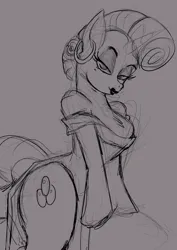 Size: 2480x3508 | Tagged: safe, artist:reminic, derpibooru import, rarity, pony, semi-anthro, unicorn, g4, bare shoulders, clothes, ear piercing, earring, eyeshadow, female, grayscale, hooped earrings, horn, image, jewelry, latina rarity, leaning, lipstick, looking at you, makeup, mare, monochrome, off shoulder, piercing, png, sketch, smiling, smiling at you, solo