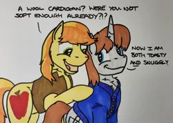 Size: 2048x1456 | Tagged: safe, artist:hoofclid, derpibooru import, braeburn, oc, oc:hoofclid, earth pony, pony, unicorn, g4, canon x oc, chest freckles, clothes, dialogue, duo, duo male, freckles, gay, hatless, horn, image, jpeg, male, marker drawing, missing accessory, open mouth, open smile, shipping, smiling, stallion, sweater, traditional art