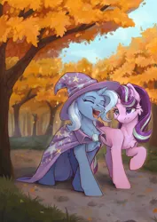 Size: 2480x3508 | Tagged: safe, artist:dorkmark, derpibooru import, starlight glimmer, trixie, pony, unicorn, g4, autumn, cape, clothes, duo, duo female, female, forest, giant hat, happy, hat, horn, image, lesbian, mare, nature, open mouth, open smile, png, shipping, smiling, startrix, tree, trixie's cape, trixie's hat