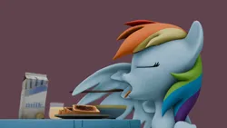 Size: 7680x4320 | Tagged: safe, anonymous artist, derpibooru import, rainbow dash, pegasus, pony, g4, 3d, alternate style, artist interpretation, bowl, bread, eating, eyes closed, feather fingers, female, food, glass, image, jpeg, juice, mare, milk, morning ponies, open mouth, orange juice, plate, scene interpretation, sleeping, snot bubble, solo, source filmmaker, spoon, toast, tongue out, wing hands, wing hold, wings