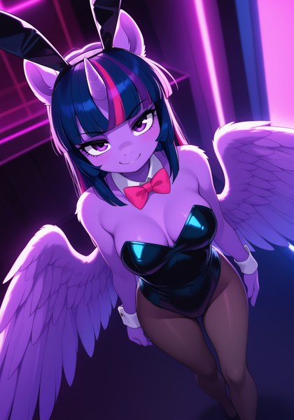 Size: 896x1280 | Tagged: suggestive, generator:wai-nsfw-illustrious-sdxl, machine learning generated, prompter:bendy and boney, twilight sparkle, twilight sparkle (alicorn), alicorn, anthro, g4, backlighting, bowtie, breasts, bunny ears, bunny suit, cleavage, clothes, cuffs (clothes), fake ears, female, image, indoors, leotard, pantyhose, png, smug, solo, solo female, strapless