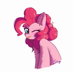 Size: 2000x2000 | Tagged: safe, artist:indigo, derpibooru import, pinkie pie, earth pony, pony, g4, :p, ear fluff, female, fluffy, halfbody, human shoulders, image, jpeg, looking at you, loose hair, mare, one eye closed, pink coat, pink mane, shading, solo, tongue out, wink