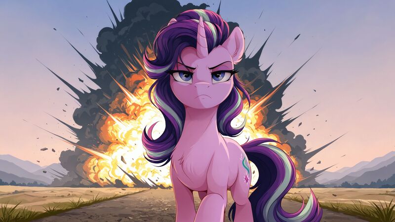 Size: 2560x1440 | Tagged: safe, generator:zoinksnoob, machine learning generated, starlight glimmer, pony, unicorn, g4, 16:9, badass, chest fluff, cool guys don't look at explosions, ear fluff, explosion, female, frown, horn, image, jpeg, lidded eyes, looking at you, mare, prompter:siber, solo, walking away from explosion, walking towards you