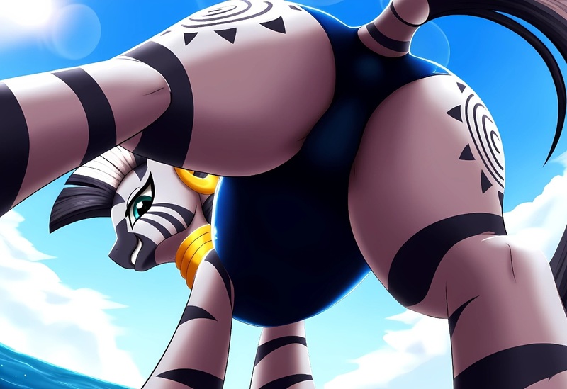 Size: 1571x1078 | Tagged: suggestive, ai content, machine learning generated, zecora, zebra, g4, beach, butt, clothes, female, image, jpeg, looking at you, ocean, one-piece swimsuit, plot, solo, solo female, swimsuit