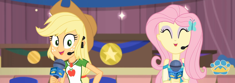 Size: 3054x1080 | Tagged: safe, composite screencap, derpibooru import, edit, edited screencap, screencap, applejack, fluttershy, human, best in show: the victory lap, equestria girls, g4, spoiler:eqg series (season 2), applejack's hat, best in show logo, butterfly hairpin, clothes, cowboy hat, cutie mark, cutie mark on clothes, dress, eyes closed, female, fluttershy boho dress, geode of fauna, geode of super strength, hat, image, magical geodes, microphone, my little pony equestria girls: better together, png