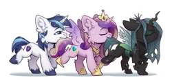 Size: 3772x1760 | Tagged: safe, artist:dorkmark, derpibooru import, princess cadance, queen chrysalis, shining armor, alicorn, changeling, pony, unicorn, g4, biting, chibi, eyes closed, horn, image, nom, png, simple background, tail, tail bite, white background, wings