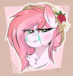 Size: 578x596 | Tagged: safe, artist:allicoot, derpibooru import, oc, oc:strawberry tart, unofficial characters only, earth pony, pony, bust, colored eartips, earth pony oc, eyelashes, eyeshadow, female, gift art, glasses, image, jpeg, makeup, mare, portrait, strawberry hat