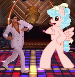 Size: 747x768 | Tagged: safe, artist:anonymous, derpibooru import, cozy glow, human, pegasus, pony, g4, big pony, dance floor, dancing, friday night, image, jpeg, kazuma kiryu